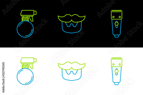 Set line Electrical hair clipper or shaver, Hairdresser pistol spray bottle and Mustache and beard icon. Vector