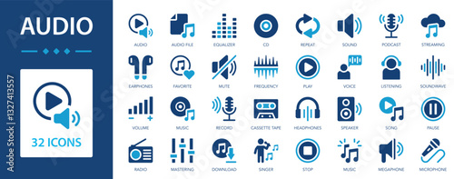 Audio flat icons collection. Speaker, song, headphones, sound, mute, frequency, microphone, music, radio, volume, equalizer, pause, CD sign set.