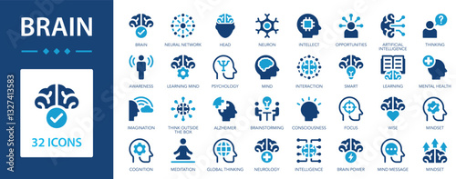 Brain flat icons collection. Head, brainstorming, neuron, awareness, focus, wise, mind, mindset, meditation, alzheimer, neurology sign set.