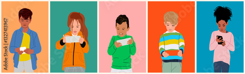 Set of children different ages and races playing video game on smartphone. Phone or internet addiction concept. School children using gadgets for remote education. Vector illustrations isolated.