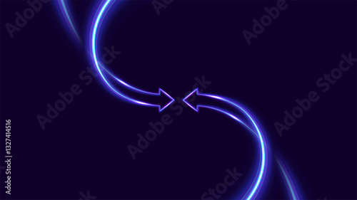 Arrows against each other. Conflict of interest. Glowing arrow with lights trails. Futuristic 3D style. Innovation technology and finance.