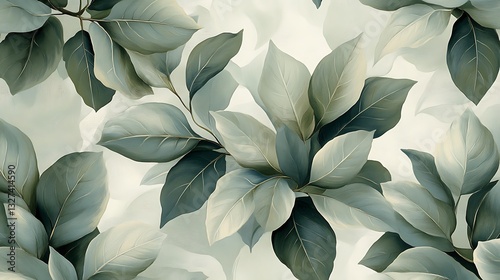 Elegant Green Leaf Pattern on Light Background, Elegant pattern of soft green leaves on a light background, creating a calming and natural aesthetic