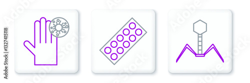 Set line Bacteria bacteriophage, Hand with virus and Pills in blister pack icon. Vector