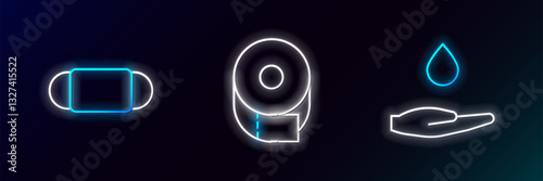 Set line Washing hands with soap, Medical protective mask and Toilet paper roll icon. Glowing neon. Vector