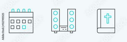 Set line Holy bible book, Calendar and Home stereo with two speakers icon. Vector