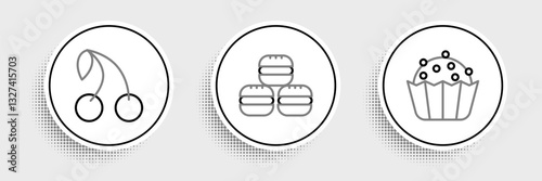 Set line Cupcake, Cherry and Macaron cookie icon. Vector