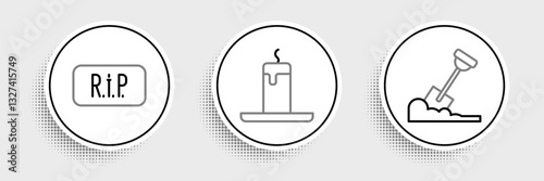 Set line Shovel in the ground, Speech bubble rip death and Burning candle icon. Vector