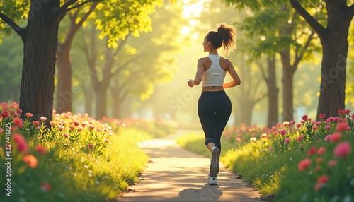 Young woman jogging with happy expression in vibrant flower garden under morning sunlight