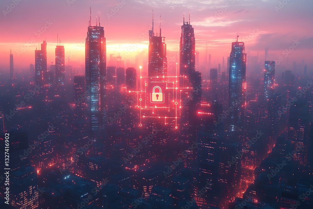 Fototapeta premium Futuristic Cityscape at Sunset with Cyber Security Network Lock Icon