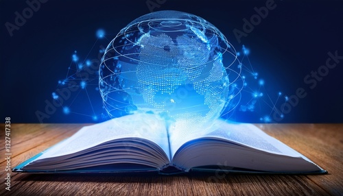open book with a rotating digital globe