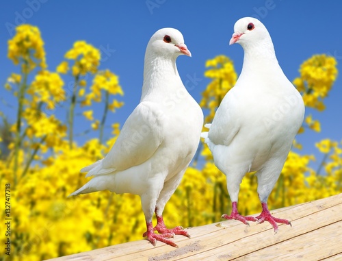 two white pigeons on perch
