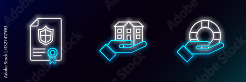Set line Lifebuoy in hand, Contract with shield and House icon. Glowing neon. Vector