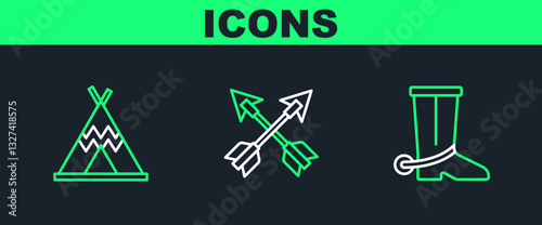 Set line Cowboy boot, Indian teepee or wigwam and Crossed arrows icon. Vector