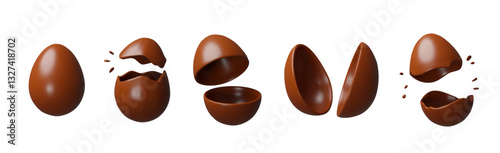 3d set chocolate easter egg. Three-dimensional vector collection illustration. Holiday kids sweet food. Cocoa candy gift present spring celebration. Realistic confectionery tradition symbol eggshell