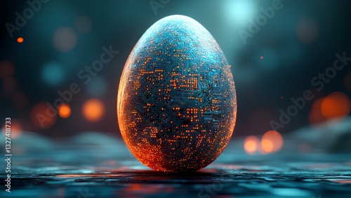 Easter egg banner with digital artwork. Easter background in technological style. Computer board