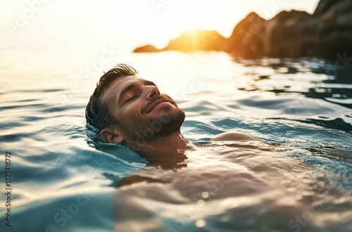 Wallpaper Mural Mann treibt entspannt im Meer bei Sonnenuntergang, Augen geschlossen, glückliches Lächeln, felsige Küste im Hintergrund
Man floating relaxed in the sea at sunset, eyes closed, happy smile, rocky coast Torontodigital.ca