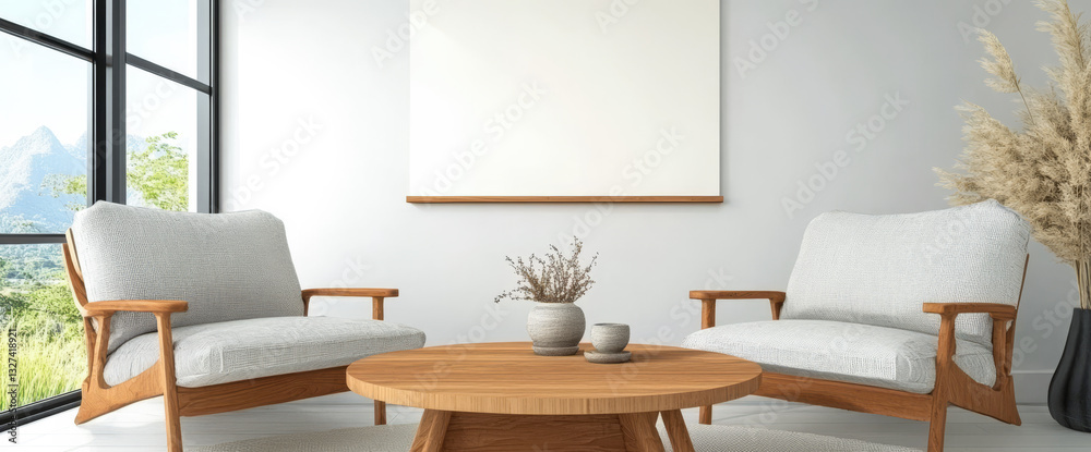 Fototapeta premium Modern living room with wooden furniture and nature view