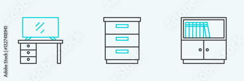 Set line Library bookshelf, TV table stand and Furniture nightstand icon. Vector
