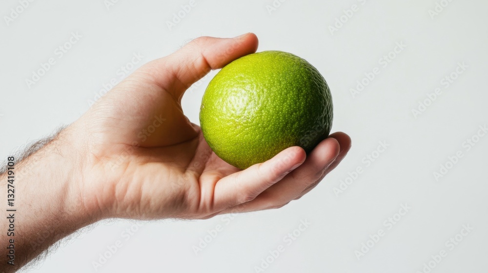 Person holding a green lime on a white background, with copy space in the top right corner Person holding a green lime on a white background, with copy space in the top right corner