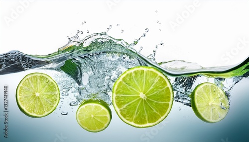 refreshing waves of water with floating lime slices isolate on white background
