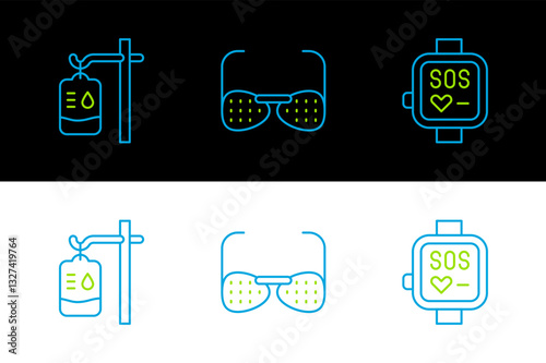 Set line Smart watch, IV bag and Blind glasses icon. Vector