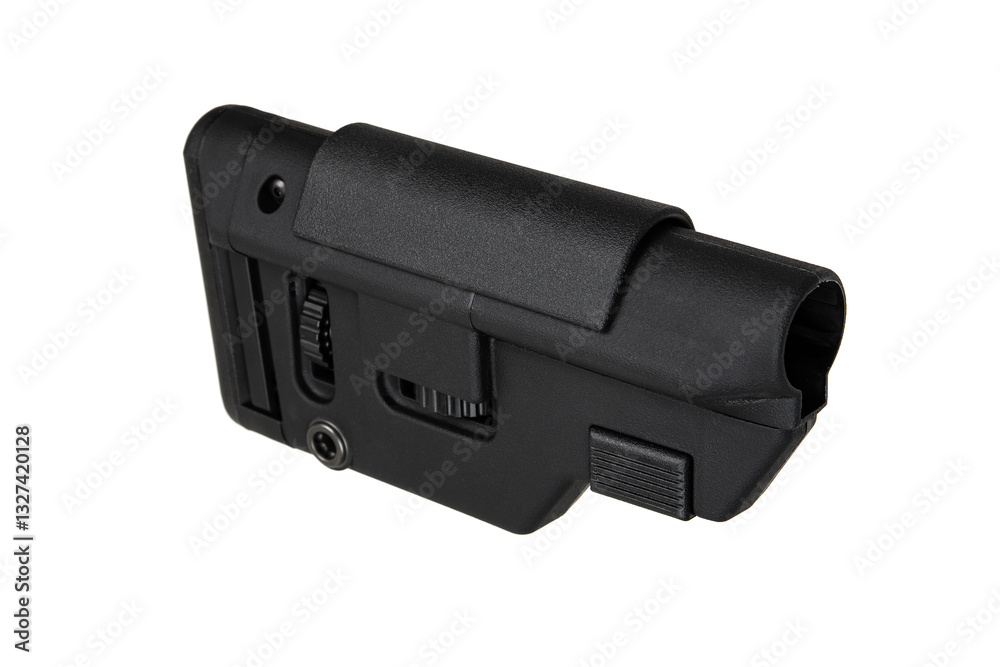 Precision-engineered black rifle stock with various adjustable features and a textured surface, perfect for tactical shooting, isolated on a white background. Precision-engineered black rifle stock with various adjustable features and a textured surface, perfect for tactical shooting, isolated on a white background.