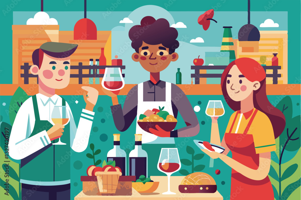 Three friends savor a culinary tasting event, sharing drinks and a colorful plate of food in a lively setting, Tasting Customizable Disproportionate Illustration Three friends savor a culinary tasting event, sharing drinks and a colorful plate of food in a lively setting, Tasting Customizable Disproportionate Illustration