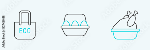 Set line Roasted turkey or chicken, Shopping bag with recycle and Chicken egg box icon. Vector