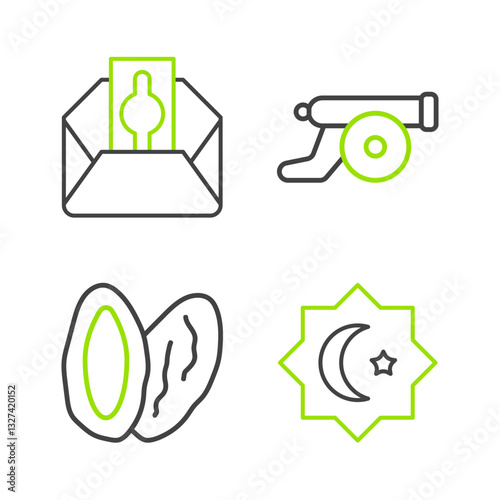 Set line Octagonal star, Date fruit, Ramadan cannon and Donate or pay your zakat icon. Vector