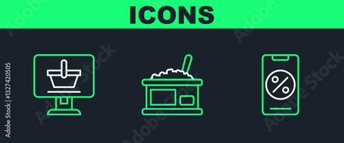 Set line Percent discount and mobile, Shopping cart on computer and Tin can with caviar icon. Vector