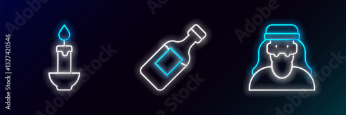Set line Muslim man, Burning candle and Bottle of water icon. Glowing neon. Vector