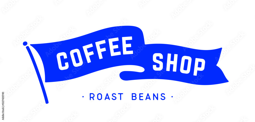 Flag ribbon template. Vintage ribbon flag, text coffee shop, roast beans. Graphic retro flag, ribbon, poster banner. Retro style, coffee shop for cafe, bar, restaurant, food menu. Vector Illustration