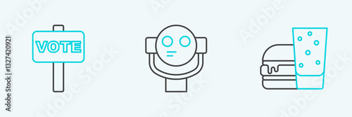 Set line Burger, Vote and Tourist binoculars icon. Vector