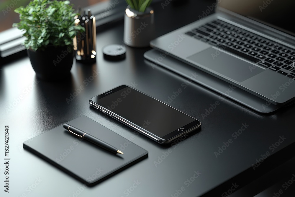 Sleek workspace featuring a laptop phone pen pad and green plants on a dark desk Sleek workspace featuring a laptop phone pen pad and green plants on a dark desk