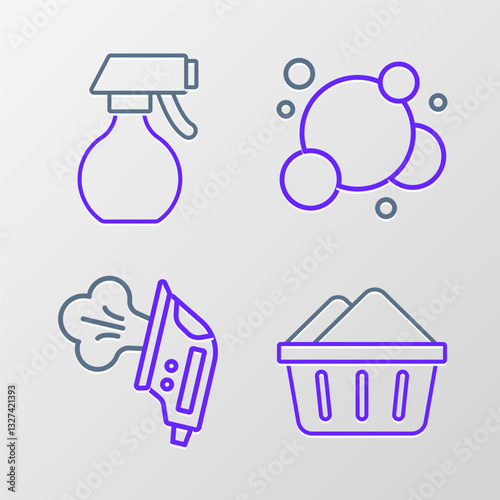 Set line Basin with soap suds, Electric iron, Soap water bubbles and Water spray bottle icon. Vector