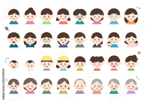 人々の困り顔・怒り顔の表情アイコンイラストセット