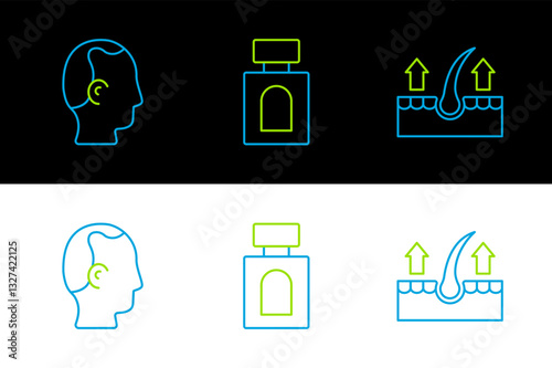Set line Human hair follicle, Baldness and Aftershave icon. Vector