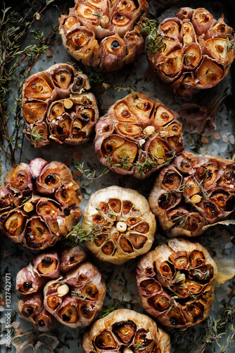 Close-up view of roasted garlic bulbs with thyme. Garlic background