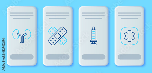 Set line Crossed bandage plaster, Syringe, Human kidneys and Emergency - Star of Life icon. Vector