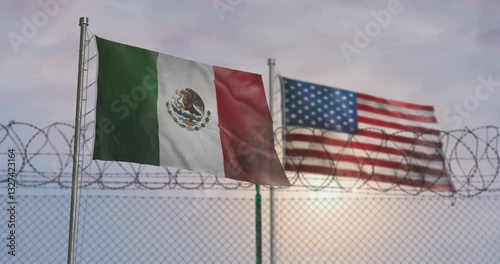 Mexico and USA waving flags on country border concept. Mexican and American blowing banner with barbed wire fence.