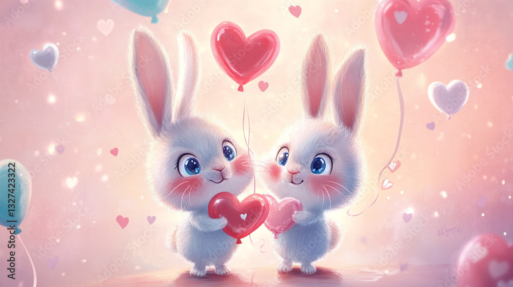 happy valentine`s day background with bunnys holding heart ballons happy valentine`s day background with bunnys holding heart ballons
