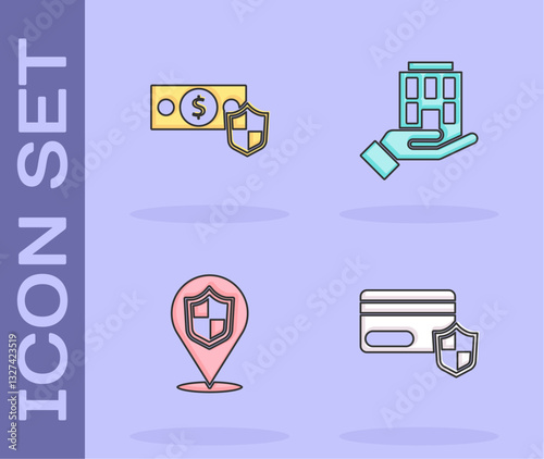 Set Credit card with shield, Money, Location and House in hand icon. Vector