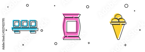 Set Sushi on cutting board, Bag or packet potato chips and Ice cream waffle cone icon. Vector