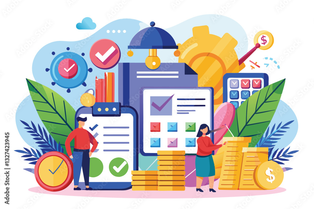 Naklejka premium A vibrant illustration shows individuals using technology and tools for customizable tax planning, Tax Customizable Semi Flat Illustration