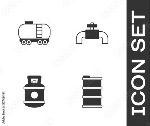 Set Barrel oil, Oil railway cistern, Propane gas tank and Metallic pipes and valve icon. Vector