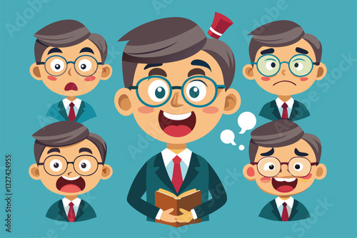 A cheerful teacher character displays different emotions while engaging students in storytelling, Teacher character heads set, Different moods, facial expressions and feelings,
