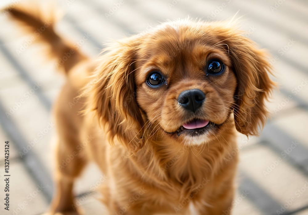 Small Puppy Looking Up with Tongue Out on Paved Surface Small Puppy Looking Up with Tongue Out on Paved Surface
