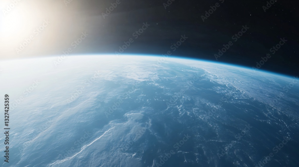 Fototapeta premium Vast planetary landscape, blue and white textures merging, serene atmosphere highlighting the curve of the planet.