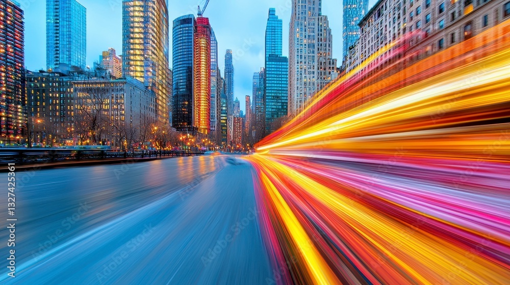 Fototapeta premium A breathtaking city featuring numerous tall buildings illuminated with multicolored lights against a night sky