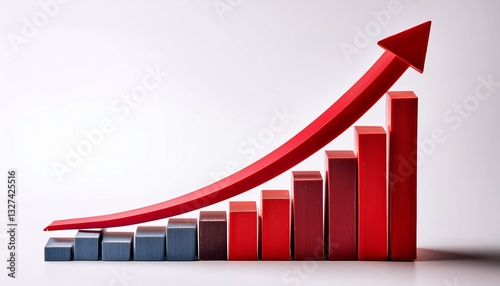 a red arrow pointing upwards alongside a bar chart isolated on a white background